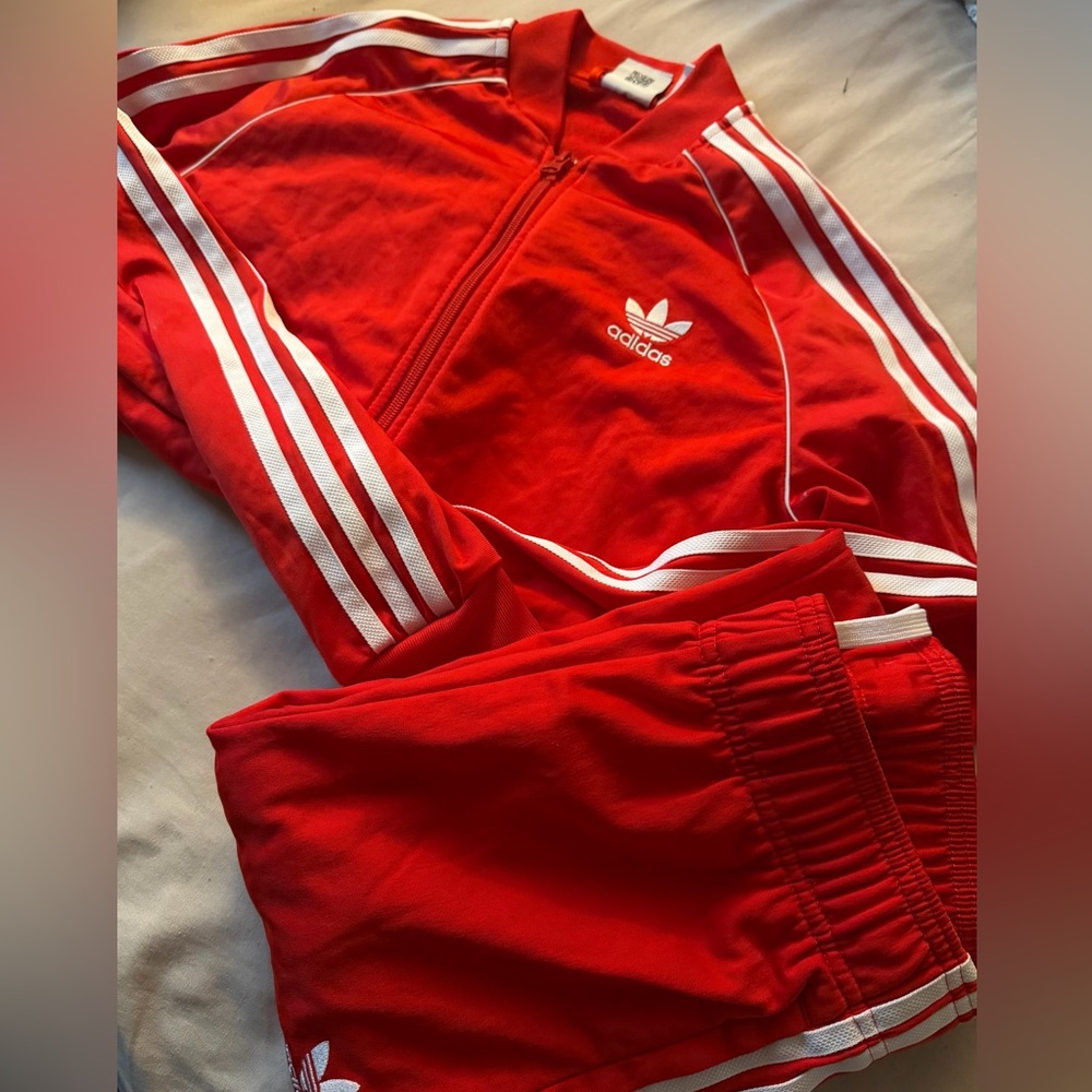 Adidas Kids Red tracksuit with White Stripes